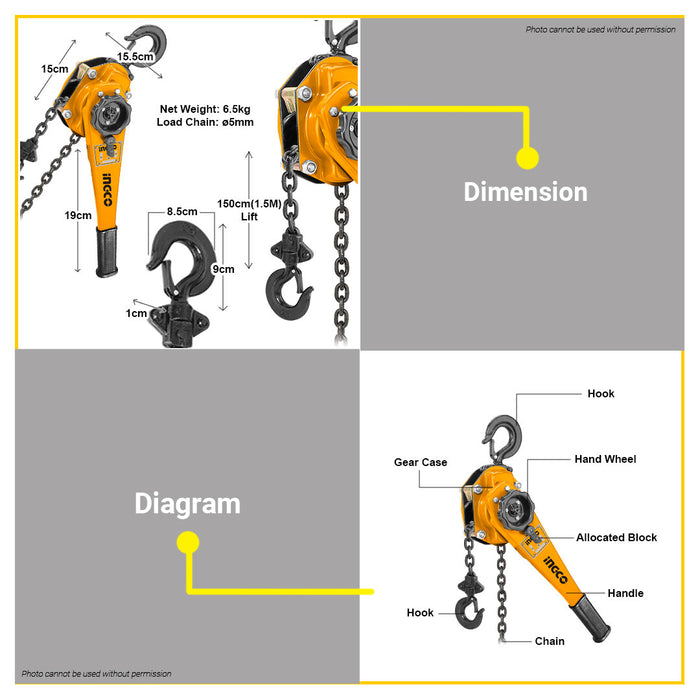 BUILDMATE Ingco 0.75TONx1.5m Lever Block Lifting Chain Adjustable Ratchet Puller Hoist HSLB0075 IHT