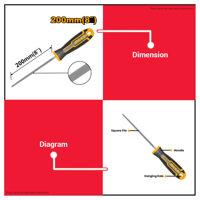 Buildmate x INGCO Square Steel File 200mm T12 Steel Metal Filing Tool Hand File HSSF088 IHT