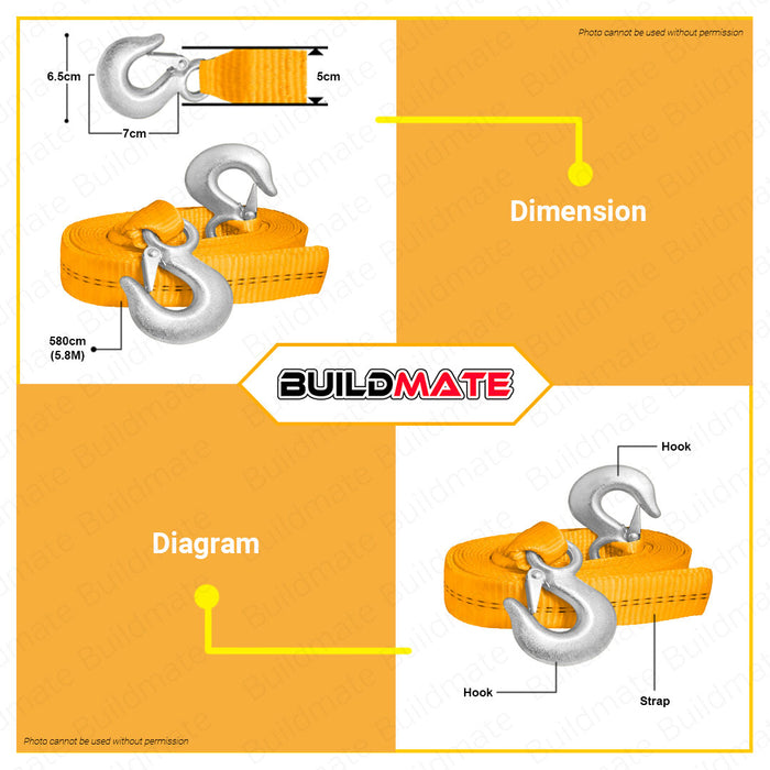 BUILDMATE Ingco Tow Strap 2T 5.8M Car Tow Cable Towing Strap Rope Car Pulling Rope with Iron Hooks Car Towing Wook Strap HTS0206 • HT2