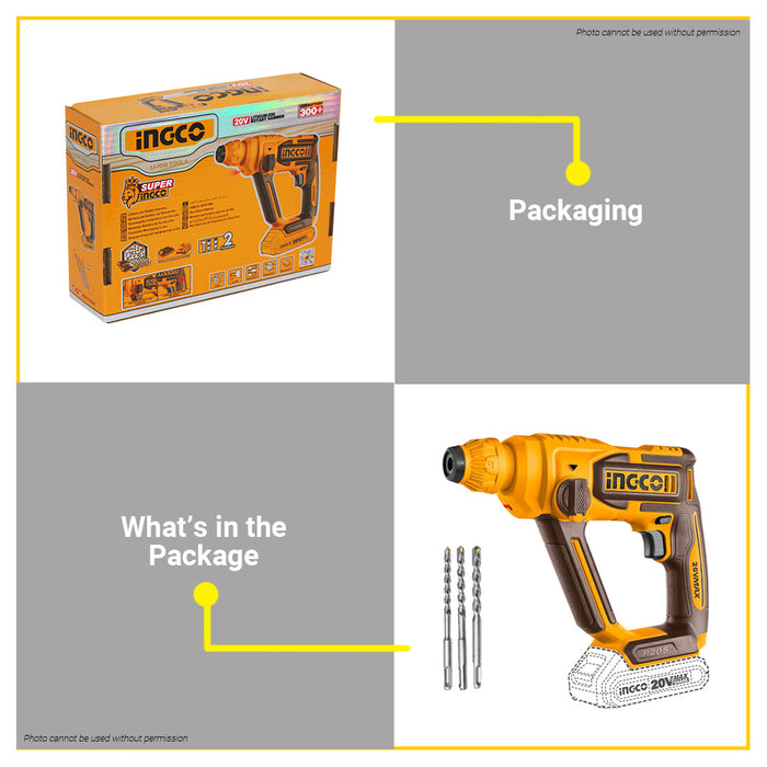 BUILDMATE Ingco Lithium-Ion Cordless Rotary Hammer 20V Rechargeable Chipping Gun Hammer Drill UNIT ONLY - ICPT