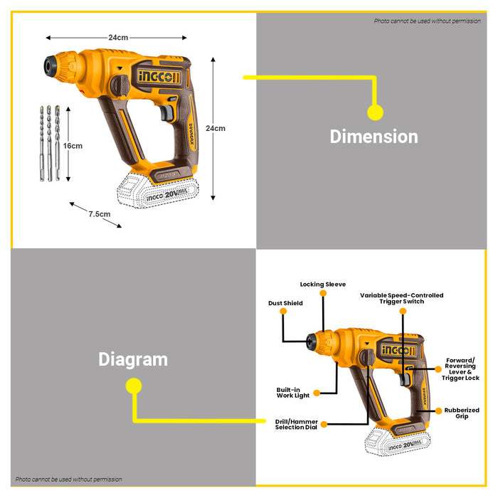 BUILDMATE Ingco Lithium-Ion Cordless Rotary Hammer 20V Rechargeable Chipping Gun Hammer Drill UNIT ONLY - ICPT