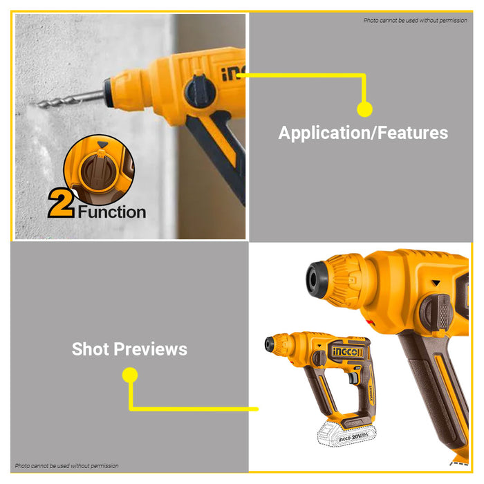 BUILDMATE Ingco Lithium-Ion Cordless Rotary Hammer 20V Rechargeable Chipping Gun Hammer Drill UNIT ONLY - ICPT