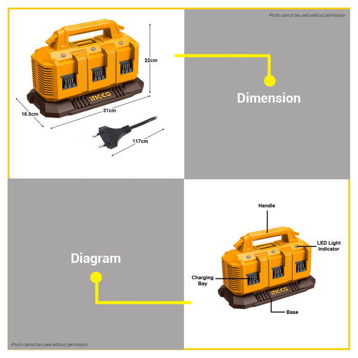 BUILDMATE Ingco PS20S 6-Port Lithium-Ion Cordless Battery Charger 20V Cordless Tool Fast Charging Station FCLI2064 - ICPT