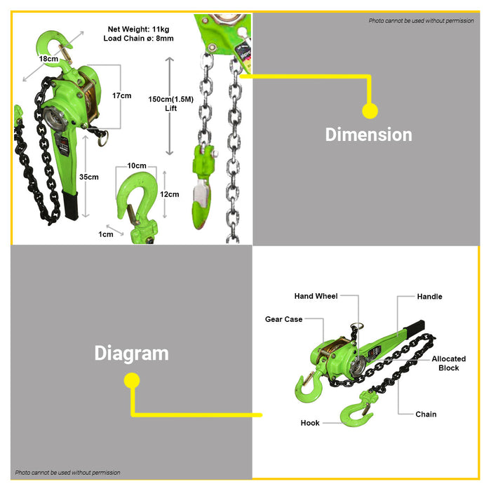 BUILDMATE Hoyoma 1.5T x 1.5m Lever Block Lifting Chain Adjustable Ratchet Lever Hoist LB15M15T HYMHT