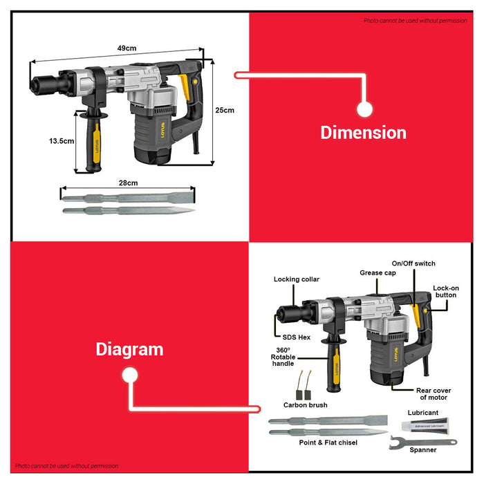 BUILDMATE Lotus Professional SDS Hex Demolition Hammer 1300W / 1050W Concrete Breaker Demolition Drill Jackhammer LTSH6EX / LTSH5X - LPT