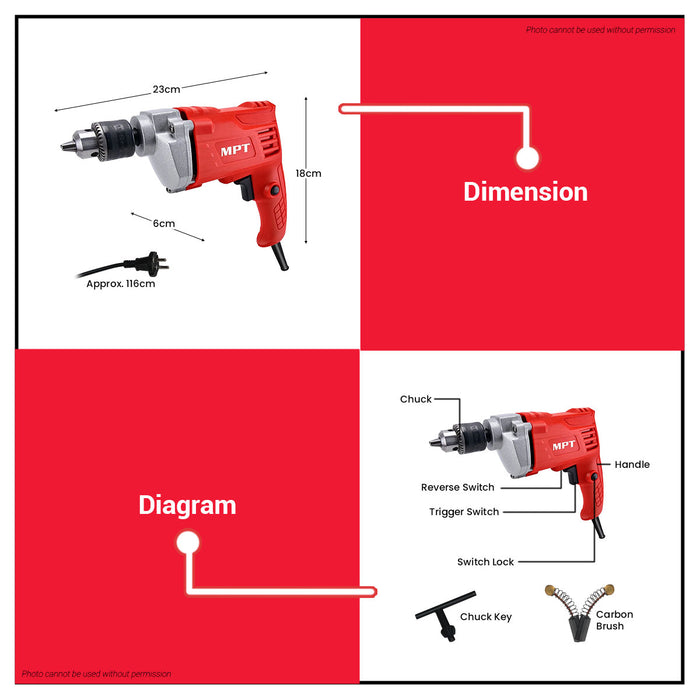 MPT 450W Electric Drill 10mm MED4508V-ECO PT • MOST PROFESSIONAL TOOLS •