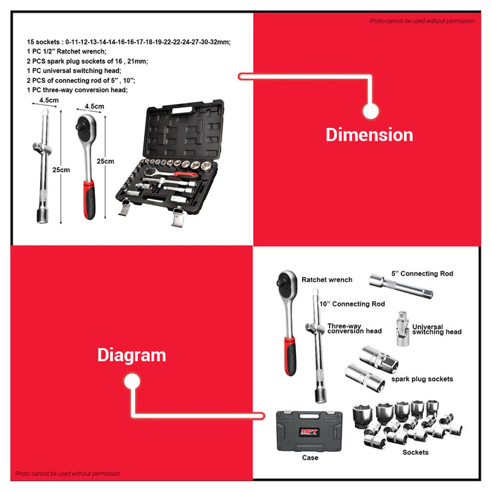 MPT 1/2" Drive Socket Set (22pcs/set) MHG03001 HT • MOST PROFESSIONAL TOOLS •