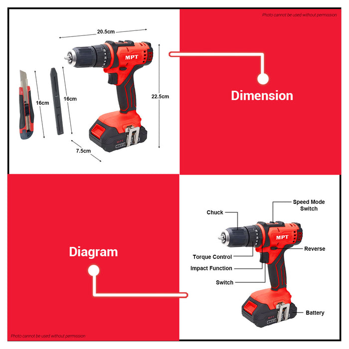 MPT 21V Li-Ion Cordless Impact Drill And Tools Set (2pcs 2.0 MAH Battery Included) MPCID2133.K01 CL • MOST PROFESSIONAL TOOLS •