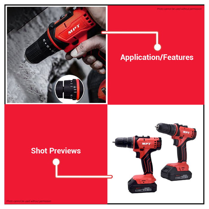 MPT 21V Li-Ion Cordless Impact Drill And Tools Set (2pcs 2.0 MAH Battery Included) MPCID2133.K01 CL • MOST PROFESSIONAL TOOLS •