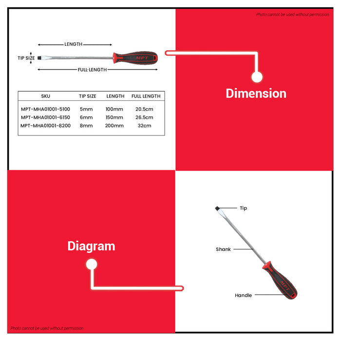 Buildmate x MPT Slotted Screwdriver 5x100MM/6x150MM/8x200MMChrome Vanadium Steel Hand Tool