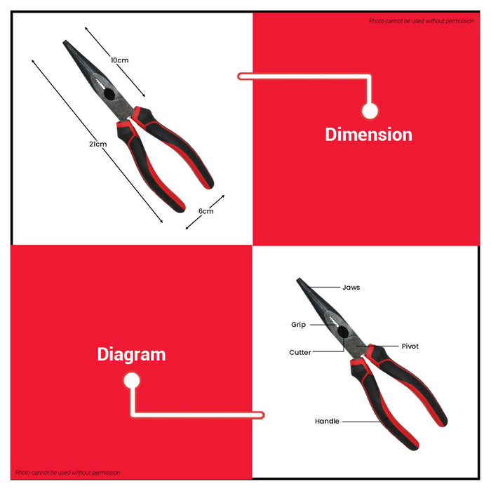Buildmate x MPT Long Nose Plier 8" Chrome Vanadium Black Polished Head Heavy Duty Hand Tool MHB01002