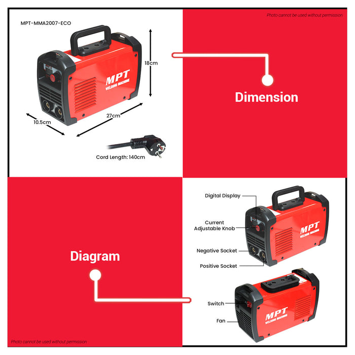 MPT MMA 200A Portable Welding Machine Inverter IGBT ARC Welder with Accessories MMA2007-ECO-PT • MOST PROFESSIONAL TOOLS •