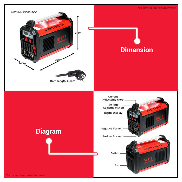 MPT 300A MMA Portable Inverter Welding Machine IGBT ARC Welder With Accessories MMA3007-ECO - PT • MOST PROFESSIONAL TOOLS •