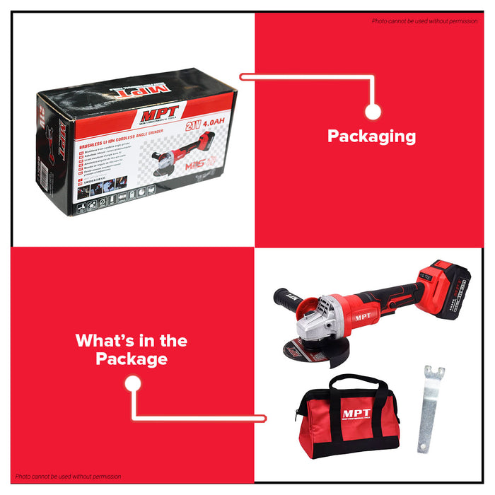 MPT 21V Brushless Li-Ion Cordless Angle Grinder (1pc 4.0MAH Battery) MPAG2103.B1 CL • MOST PROFESSIONAL TOOLS •