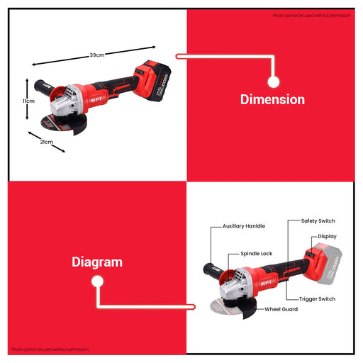 MPT 21V Brushless Li-Ion Cordless Angle Grinder (1pc 4.0MAH Battery) MPAG2103.B1 CL • MOST PROFESSIONAL TOOLS •