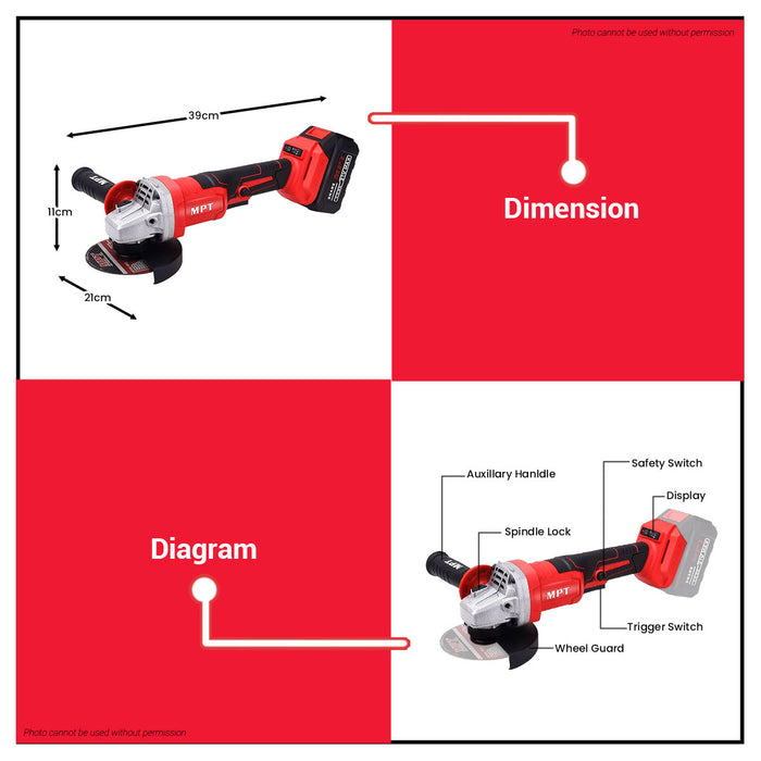 MPT 21V Brushless Li-Ion Cordless Angle Grinder (1pc 4.0MAH Battery) MPAG2103.B1 CL • MOST PROFESSIONAL TOOLS •