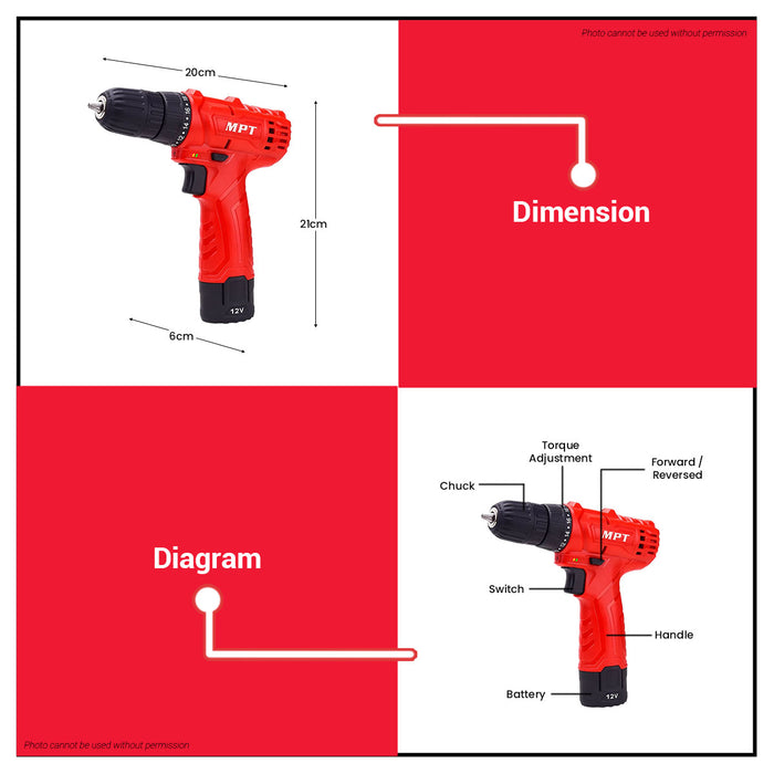 MPT 12V Li-Ion Cordless Drill (1 Battery Included) MPCD1213.B1 CL • MOST PROFESSIONAL TOOLS •