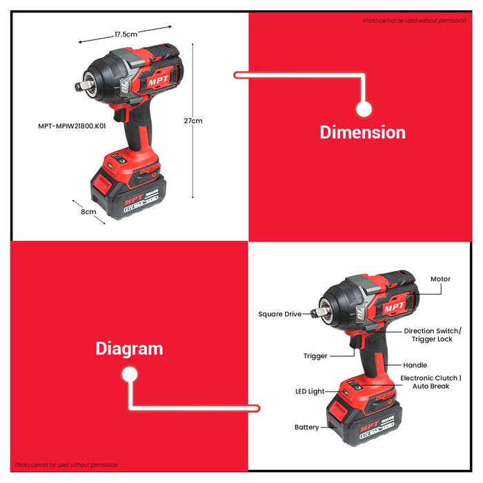 MPT 21V 400Nm-800Nm Brushless Motor Cordless Impact Wrench w/ Battery & Charger Heavy Duty Lug Nut Remover Power Tool For Car & Home Use - CL • MOST PROFESSIONAL TOOLS •