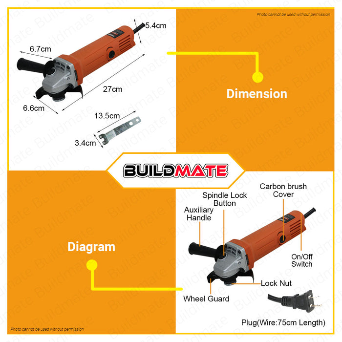 BUILDMATE Proman German Electric Angle Grinder 800W 100mm WITH BOX | WITHOUT BOX Electric Grinder Cutting Machine Grinding Wheels Quick Release For Cutting Wood, Metal, Stainless Steel Cutter Grinding Polishing Grinding PR9523