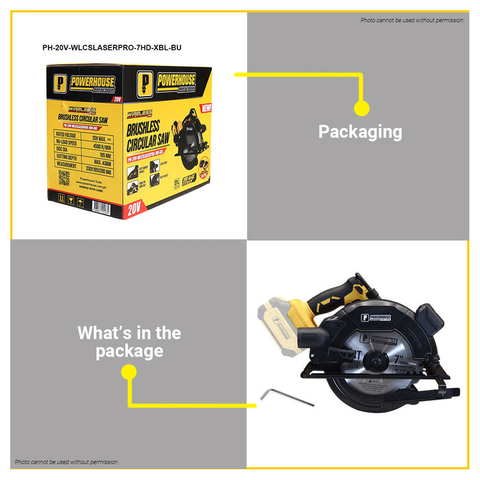 PowerHouse Bare Unit Cordless Circular Saw Brushless w/ Laser line 7-1/4" 185mm 4,500 rpm 4.0 Ah Li-ion Charger and Amp Battery not included  PH-20V-WLCSLASERPRO-7HD-XBL-BU PHPT