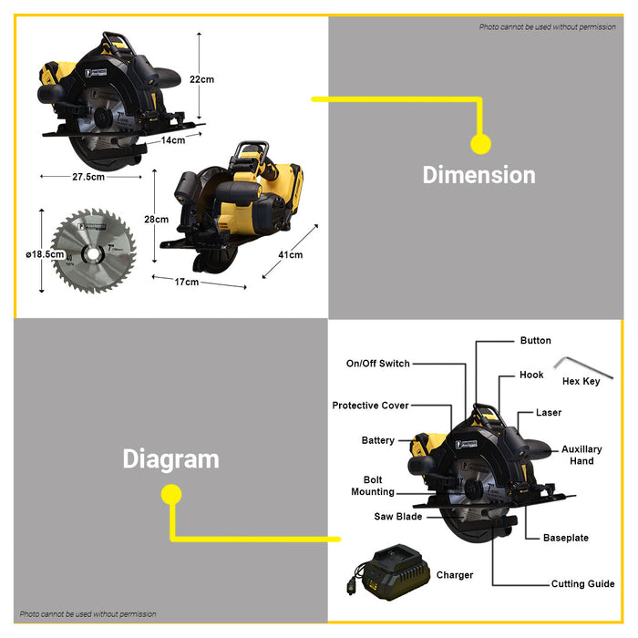 PowerHouse Bare Unit Cordless Circular Saw Brushless w/ Laser line 7-1/4" 185mm 4,500 rpm 4.0 Ah Li-ion Charger and Amp Battery not included  PH-20V-WLCSLASERPRO-7HD-XBL-BU PHPT