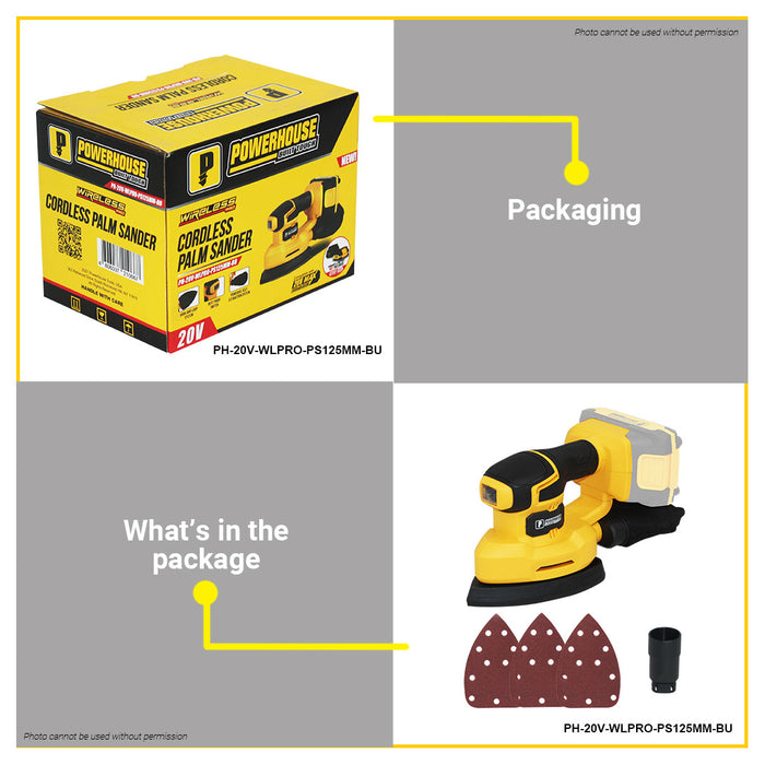 BUILDMATE Powerhouse 20V Cordless Palm Sander 125mm Wood Sheet Finish for Wood Finishing Woodworking Tools PH-20V- WLPRO-PS-125MM - PHPT