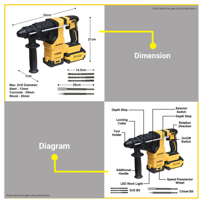 PowerHouse Bare Unit Cordless Rotary Hammer Brushless SDS-PLus 20V 26MM PH-20V-WLPROCRH26-XBL-BU PHPT