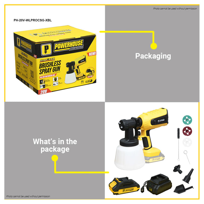 PowerHouse Cordless Spray Gun Brushless w/ Strong Blow Function 20v 1400ml Cup PH-20V-WLPROCSG-XBL PHPT