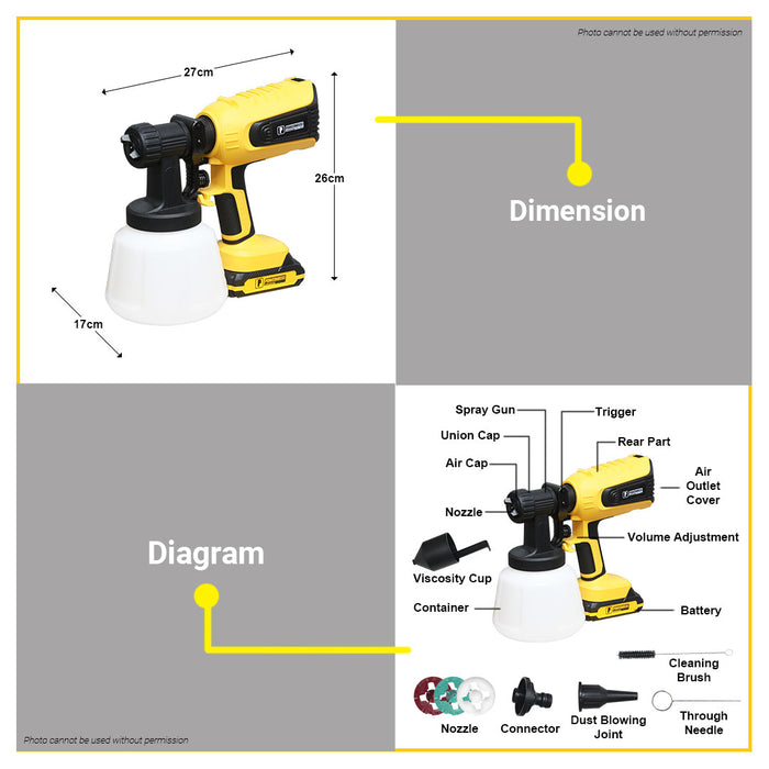 PowerHouse Cordless Spray Gun Brushless w/ Strong Blow Function 20v 1400ml Cup PH-20V-WLPROCSG-XBL PHPT