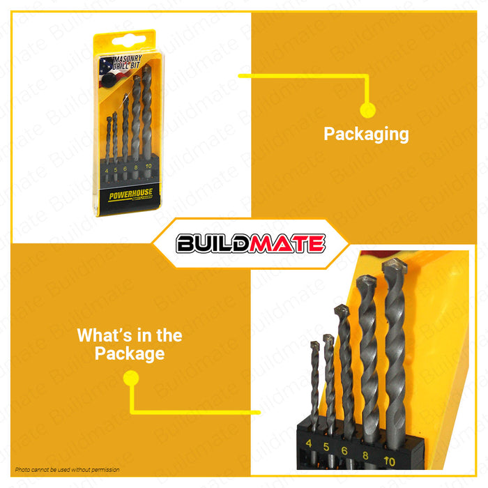 BUILDMATE Powerhouse 5PCS/SET Masonry Drill Bits Professional Concrete Drill Bit Set 4mm To 10mm Carbide Tip For Brick, Tile, Cement, Ceramic, Glass, And Plastic Hand Tool PH-5PCS-SET• PTAA