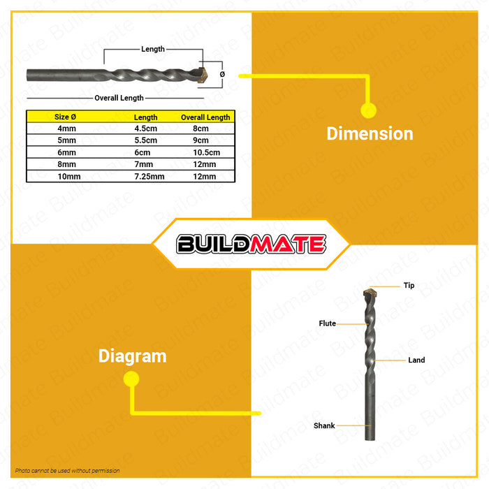 BUILDMATE Powerhouse 5PCS/SET Masonry Drill Bits Professional Concrete Drill Bit Set 4mm To 10mm Carbide Tip For Brick, Tile, Cement, Ceramic, Glass, And Plastic Hand Tool PH-5PCS-SET• PTAA