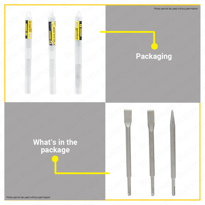 BUILDMATE Powerhouse  Pointed / Flat SDS Plus Chisel 14mm x 250mm for Masonry Concrete Rotary Hammer 14250 - PTAA