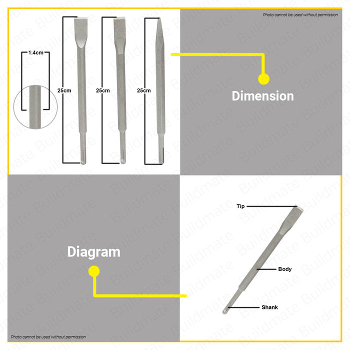 BUILDMATE Powerhouse  Pointed / Flat SDS Plus Chisel 14mm x 250mm for Masonry Concrete Rotary Hammer 14250 - PTAA