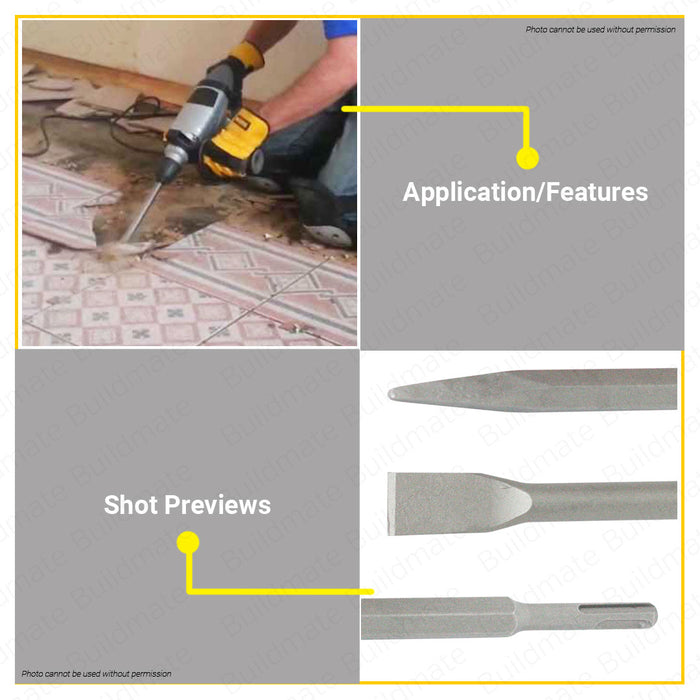 BUILDMATE Powerhouse  Pointed / Flat SDS Plus Chisel 14mm x 250mm for Masonry Concrete Rotary Hammer 14250 - PTAA