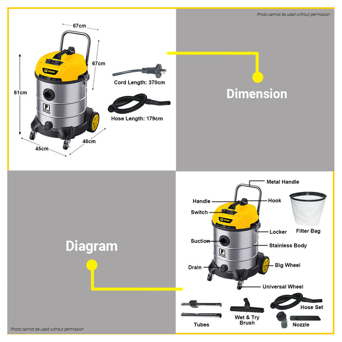 PowerHouse Wet & Dry Vacuum Cleaner Stainless Body 2,500W 16 Gallons Industrial Trolley Type PH10-16GALLONS-STAINLESS PHPT