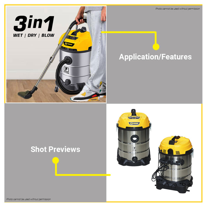 PowerHouse Wet & Dry Vacuum Cleaner Stainless Body 2,500W 16 Gallons Industrial Trolley Type PH10-16GALLONS-STAINLESS PHPT