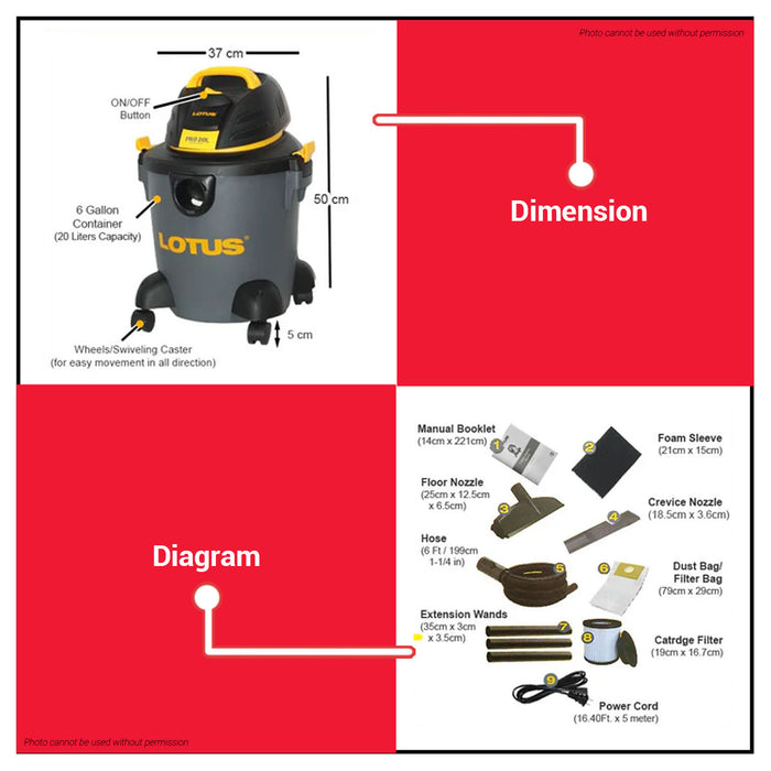 BUILDMATE Lotus 1400W Vacuum Cleaner Wet & Dry 20L for Dust Dirt Self Cleaning PRO-20L-69002000 LPT