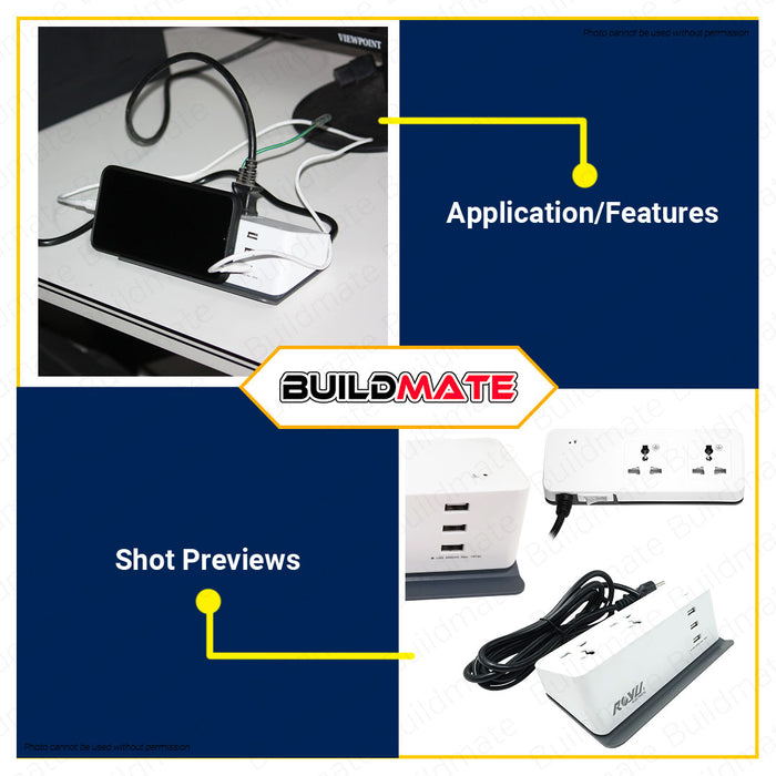 BUILDMATE Royu Desk Extension Cord With 3 USB 2 Gang Outlet and Phone Holder Electric Power Strip Universal Outlet Socket Surge Protector REDEC432W