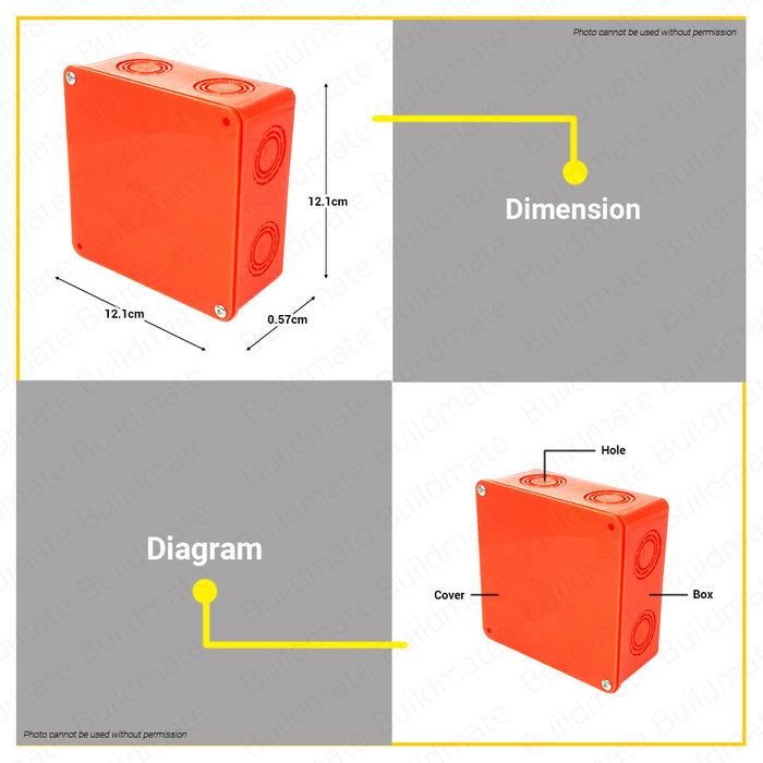 BUILDMATE Royu Square Type Junction Box with Cover and Screw 121mmx121mmx57mm Electrical PVC Orange Box RUB3