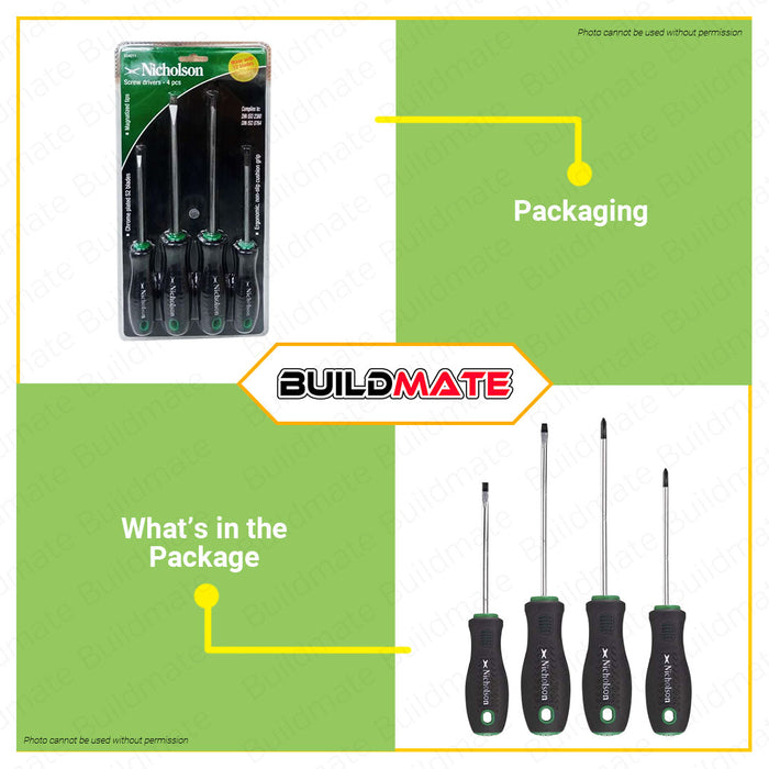 NICHOLSON 4PCS Screw Driver Set Phillip & Slotted Screw Driver Multi-functional Hand Tools Electrical Work Repair Tools Kit Set SS4011 •BUILDMATE•