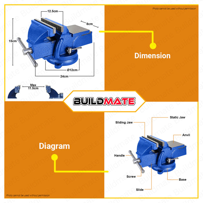 BUILDMATE Wadfow Bench Vice 5" Inch with Anvil Bench Vise for Workbench Swivel Base Clamp Table Vise Clamp On Vise Body Cast Iron Hand Tools WBV1A05 • WHT