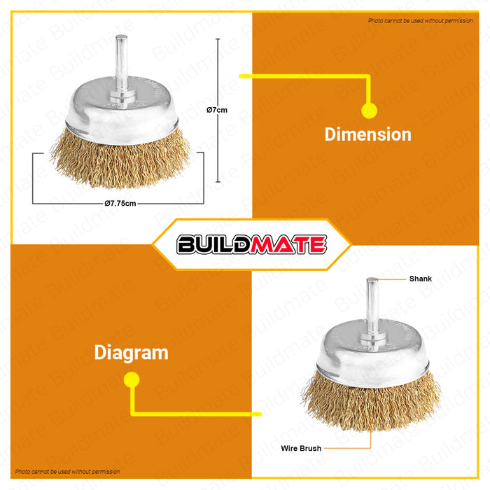 BUILDMATE Wawfow Wire Cup Brush Set 1/4" Shank 1" | 3" INCH [SOLD PER PIECE] Crimped Brushes For Angle Grinder Surface Finishing Tools WCE5401 | WCE3401 • WHT