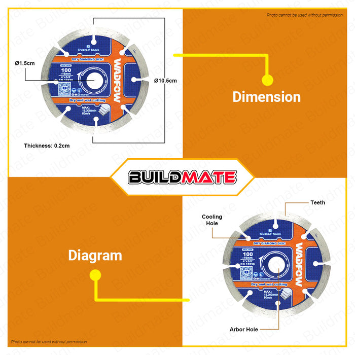 WADFOW Dry Diamond Disc 4" Inch 100mm Dry & Wet Cutting Disc Wheel Cutting Diamond Blade Concrete Diamond Grinder Disc Turbo Cutting Disc for General Purpose WDC1K06 •BUILDMATE• WHT