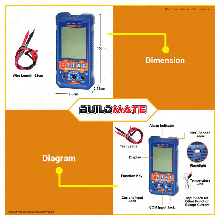 BUILDMATE Wadfow Digital Multimeter Tester 6000C CAT III 600V DC AC Volt Multimeter Electric Tester AC Voltage Tester Multi Meter Tester Ammeter Ohmmeter Modern Digital Auto Multimeter WDM1507 • WPT