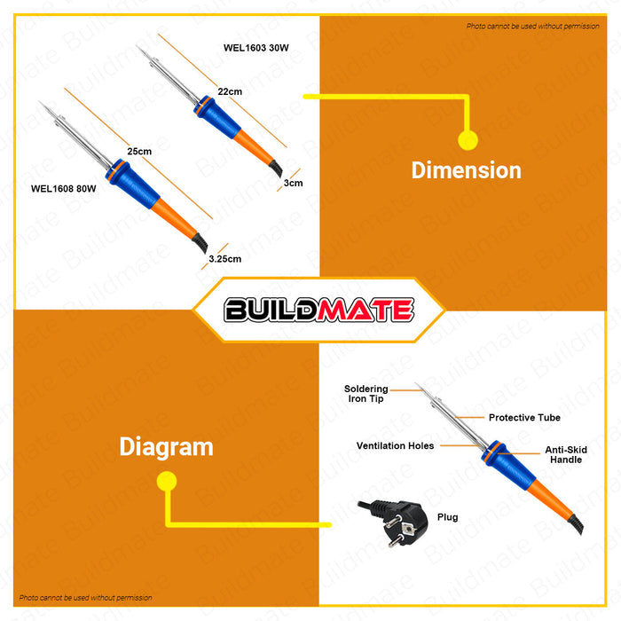 BUILDMATE Wadfow Electric Soldering Iron 40W-100W Fastening Heating Tool Straight Tip SOLD PER PIECE WEL1604 / WEL1606 / WEL1610 - WHT