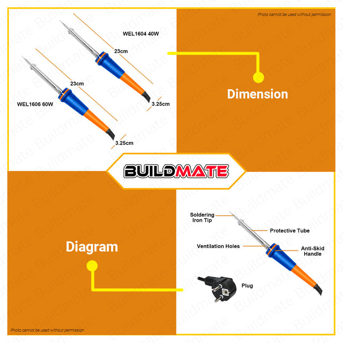 BUILDMATE Wadfow Electric Soldering Iron 40W-100W Fastening Heating Tool Straight Tip SOLD PER PIECE WEL1604 / WEL1606 / WEL1610 - WHT