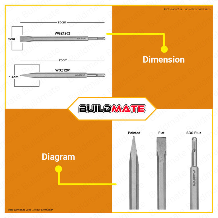 WADFOW SDS Plus Pointed Chisel | Flat Chisel 14X250MM | 14X250X20MM [SOLD PER PIECE] Concrete Breaker Rock Chisels Point and Flat Concrete Chisels for Electric Demolition Jack Hammer Hex Chisel Demolishing Masonry WGZ1201 | WGZ1202 •BUILDMATE• WHT
