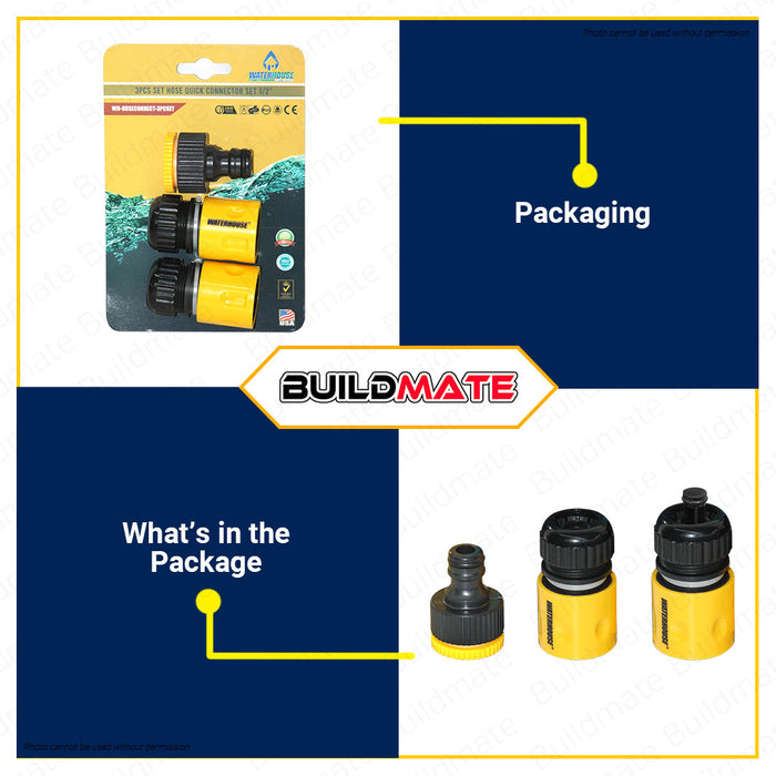 BUILDMATE Waterhouse 3PCS/SET 1/2" Inch Hose Quick Connectors Garden Hose Fitting Quick Connect Water Repair Hose Adapter with Water Stop & Lock Feature Hose Connector Set WH-HOSECONNECTOR-3PCSET •