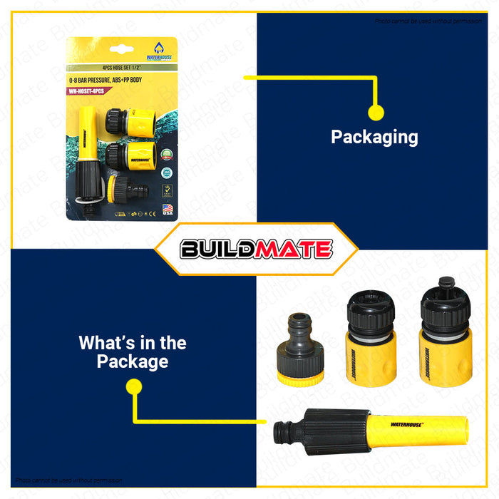 BUILDMATE Waterhouse 4PCS/SET 1/2" Inch Hose Quick Connectors ABS+PP Body 0.8Bar Garden Hose Fitting Quick Connect Water Repair Hose Adapter with Water Stop & Lock Feature Hose Connector Set WH-HOSET-4PCS •
