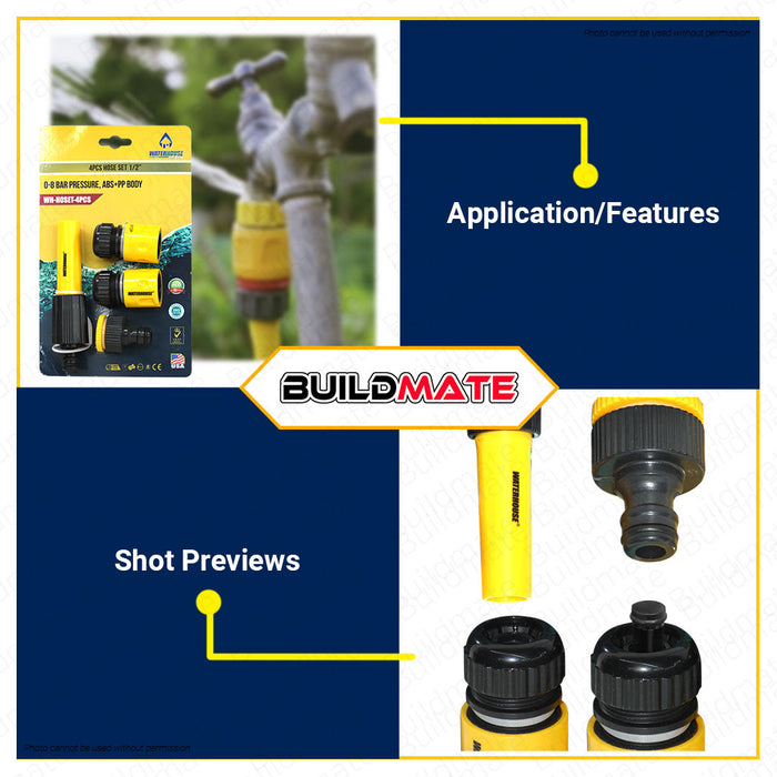 BUILDMATE Waterhouse 4PCS/SET 1/2" Inch Hose Quick Connectors ABS+PP Body 0.8Bar Garden Hose Fitting Quick Connect Water Repair Hose Adapter with Water Stop & Lock Feature Hose Connector Set WH-HOSET-4PCS •